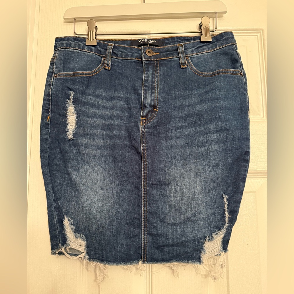 Wax Jean Distressed destructed Blue Denim Pencil Skirt Anthropologie $98